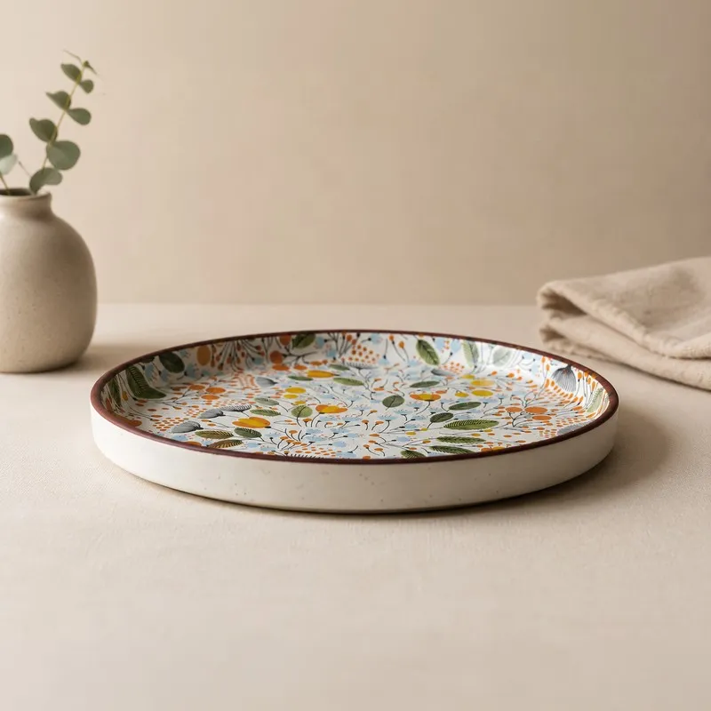 Side view of a round patterned ceramic dinner plate on a table