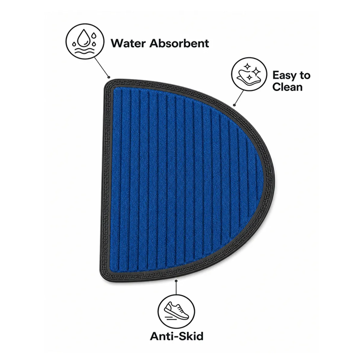 Blue D-shaped anti-skid door mat shown on a white background