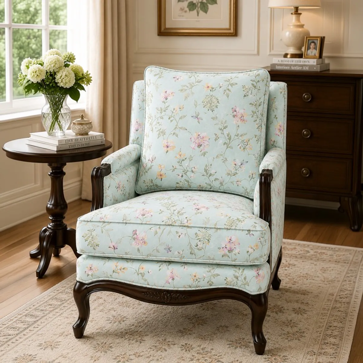 Front view of a pale blue floral lounge chair with curved dark wood legs