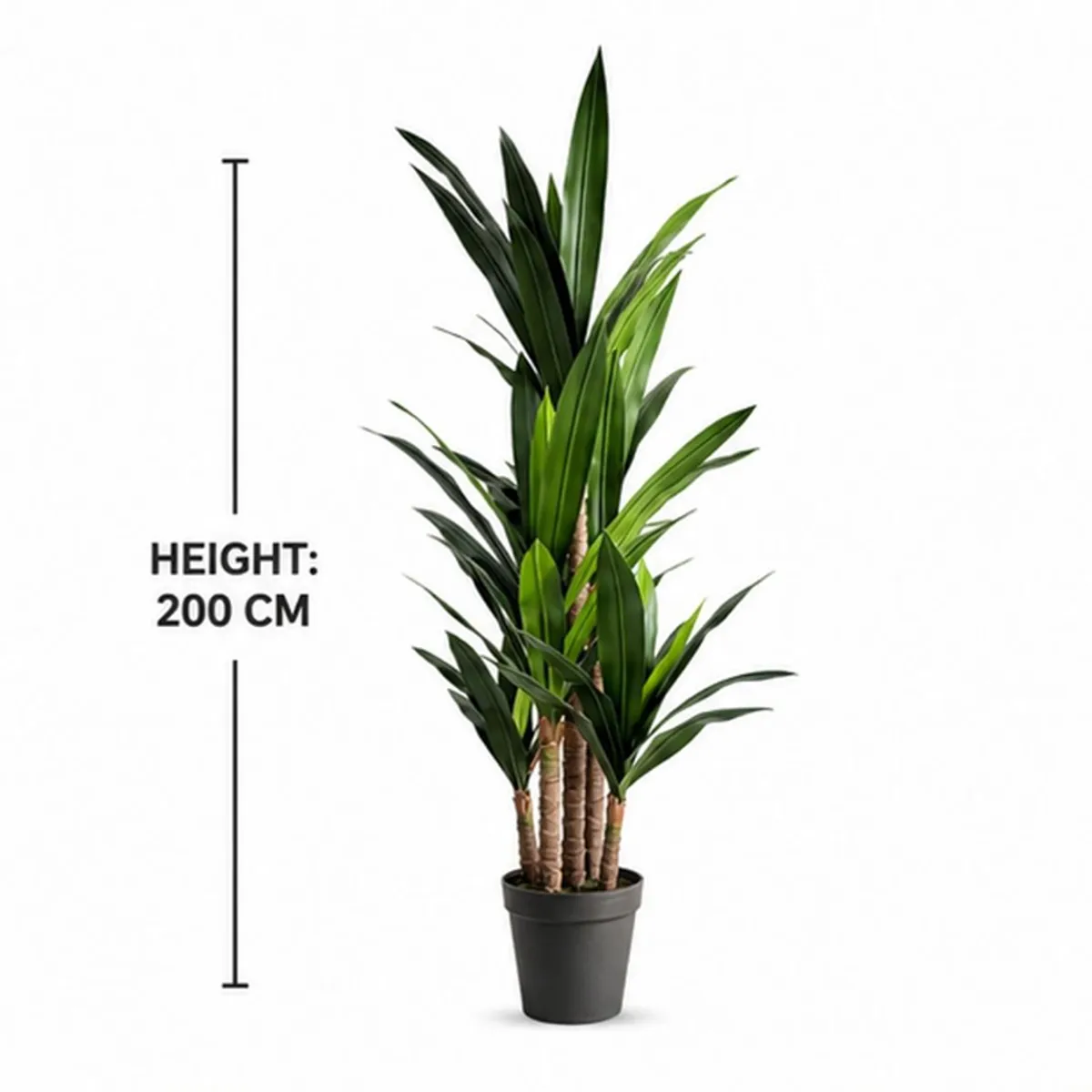 Full artificial dracaena plant with elongated green leaves in a black pot