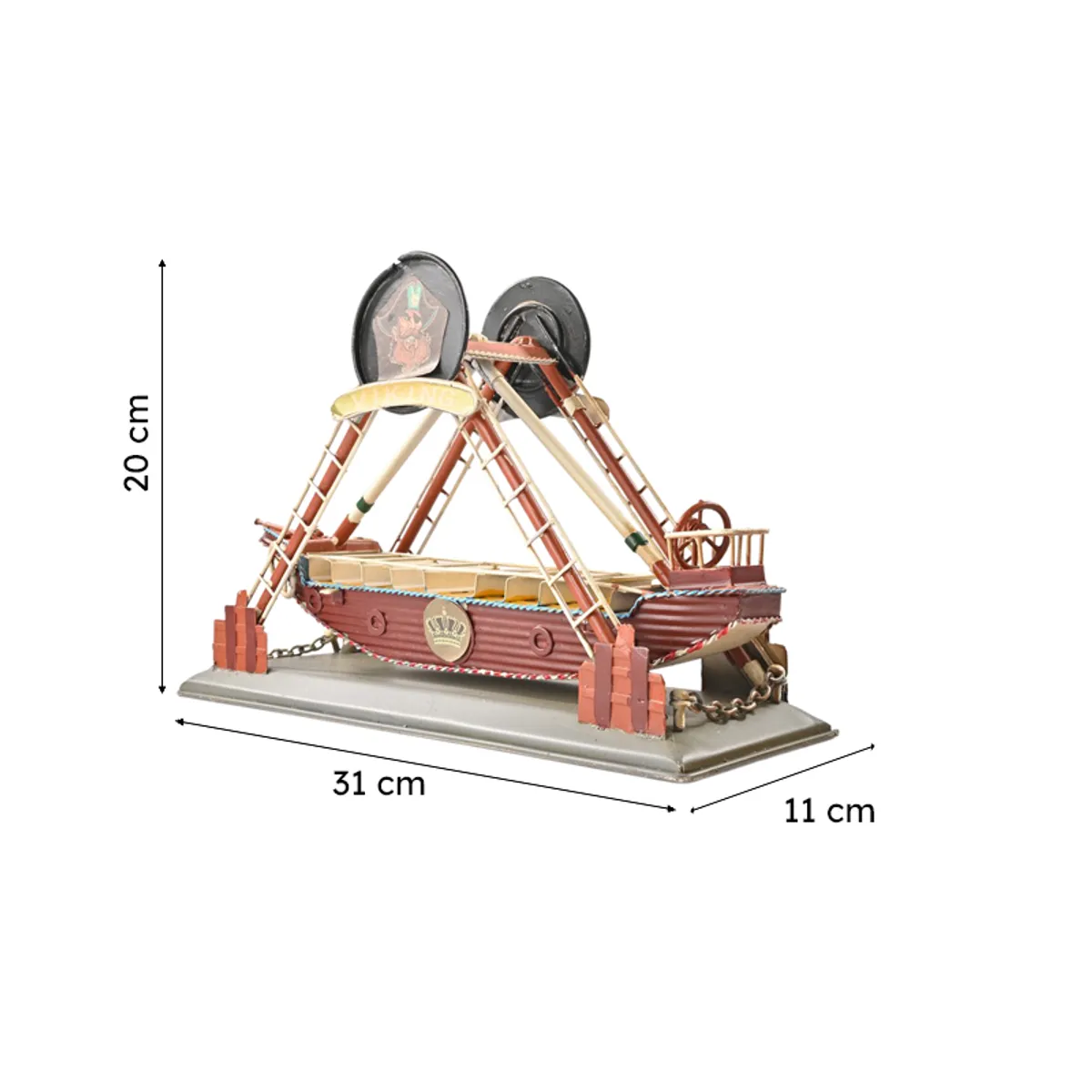 Multicolour iron boat showpiece with dimensions shown visually