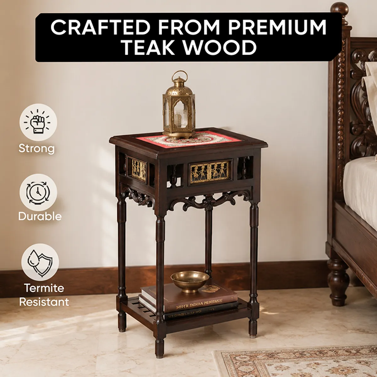 Teak wood side table with carved apron and lower shelf