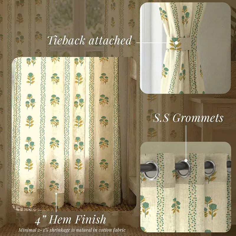 Floral curtain with tieback and eyelet top detail