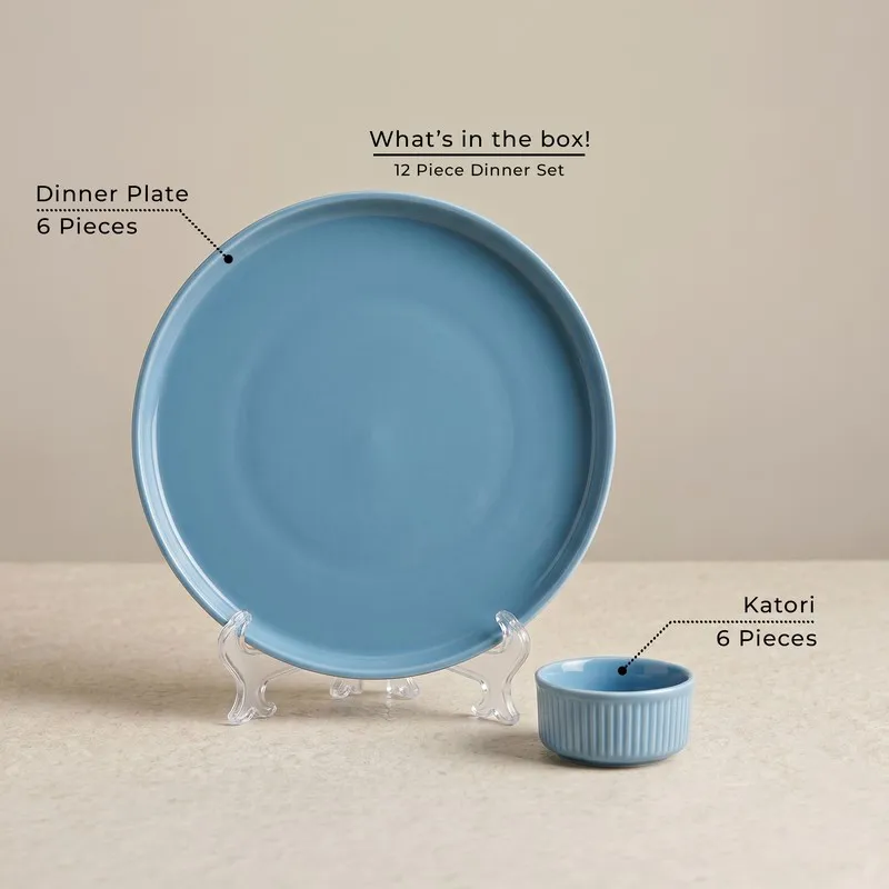 Single blue round plate with matching ribbed bowl from the dinner set