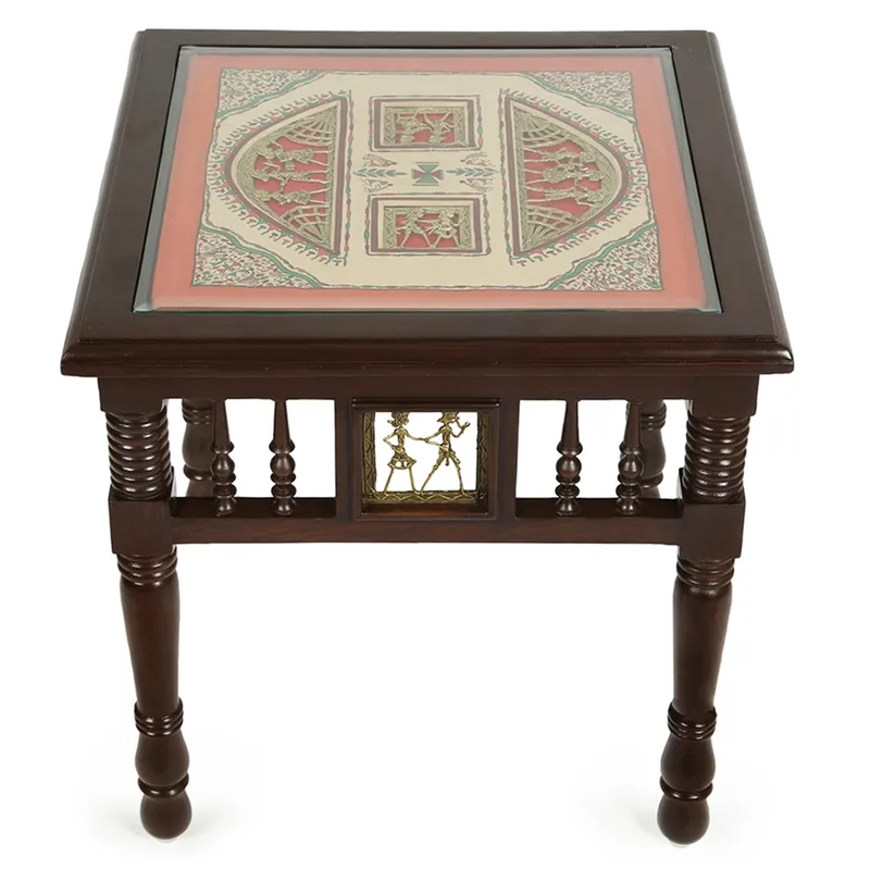 Front view of a square dark brown side table with decorative top