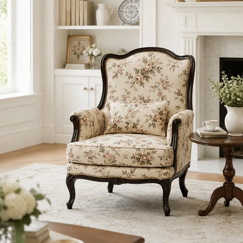 Floral upholstered accent chair with curved dark wood frame beside a side table