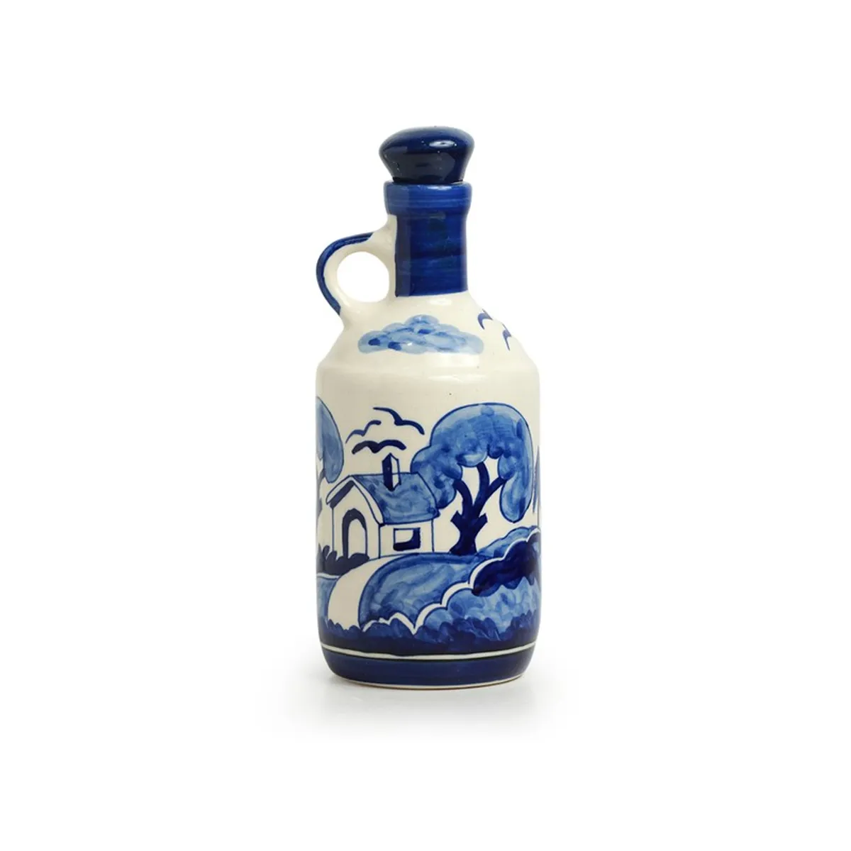 Blue and white ceramic oil dispenser displayed against a plain white background.