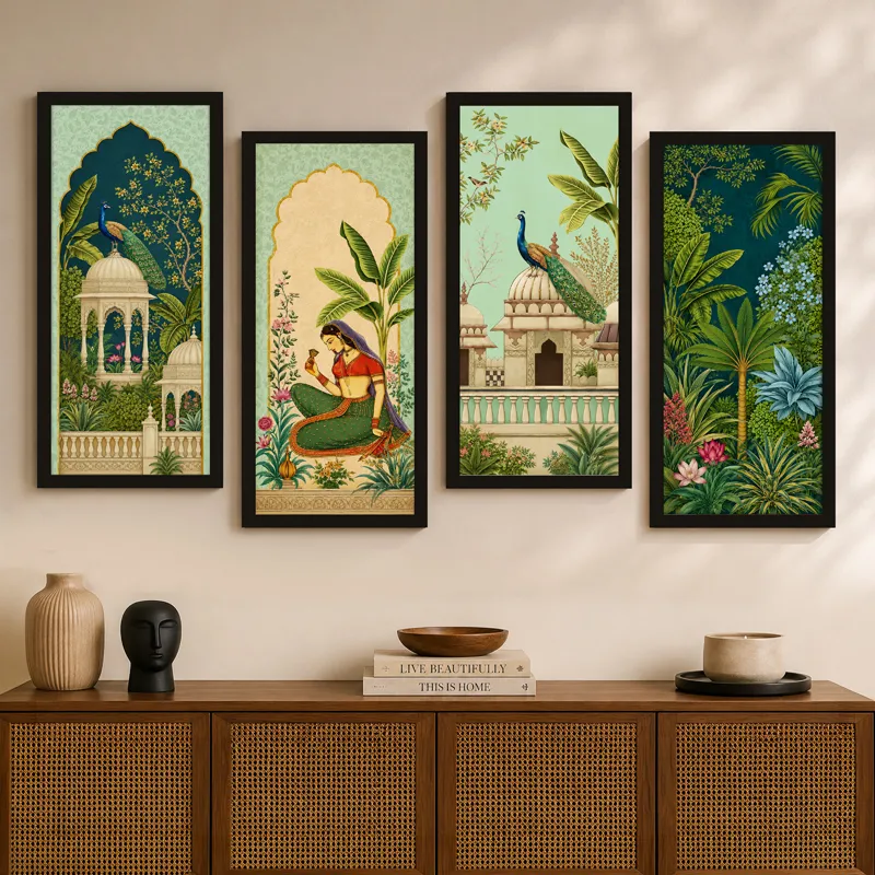 Four framed royal garden paintings displayed above a cane-front wooden sideboard.