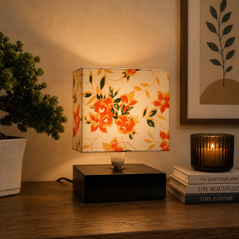 Cubique Wooden Table Lamp - White & Orange