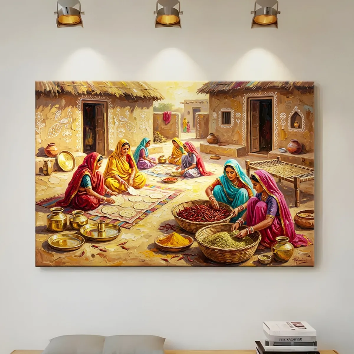 Large multicolour courtyard cooking canvas painting shown on a wall under lights