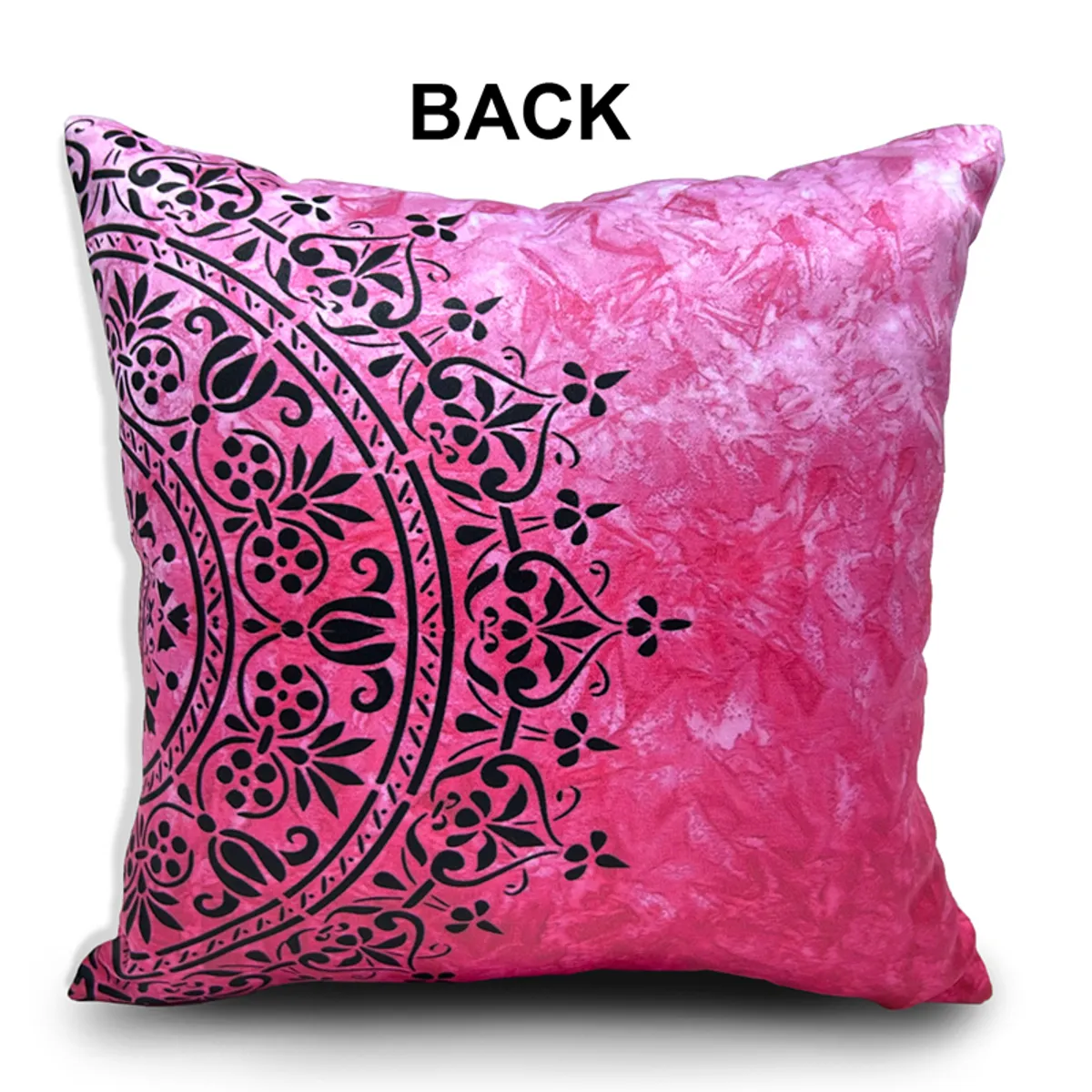Back view of a pink and black printed square cushion cover