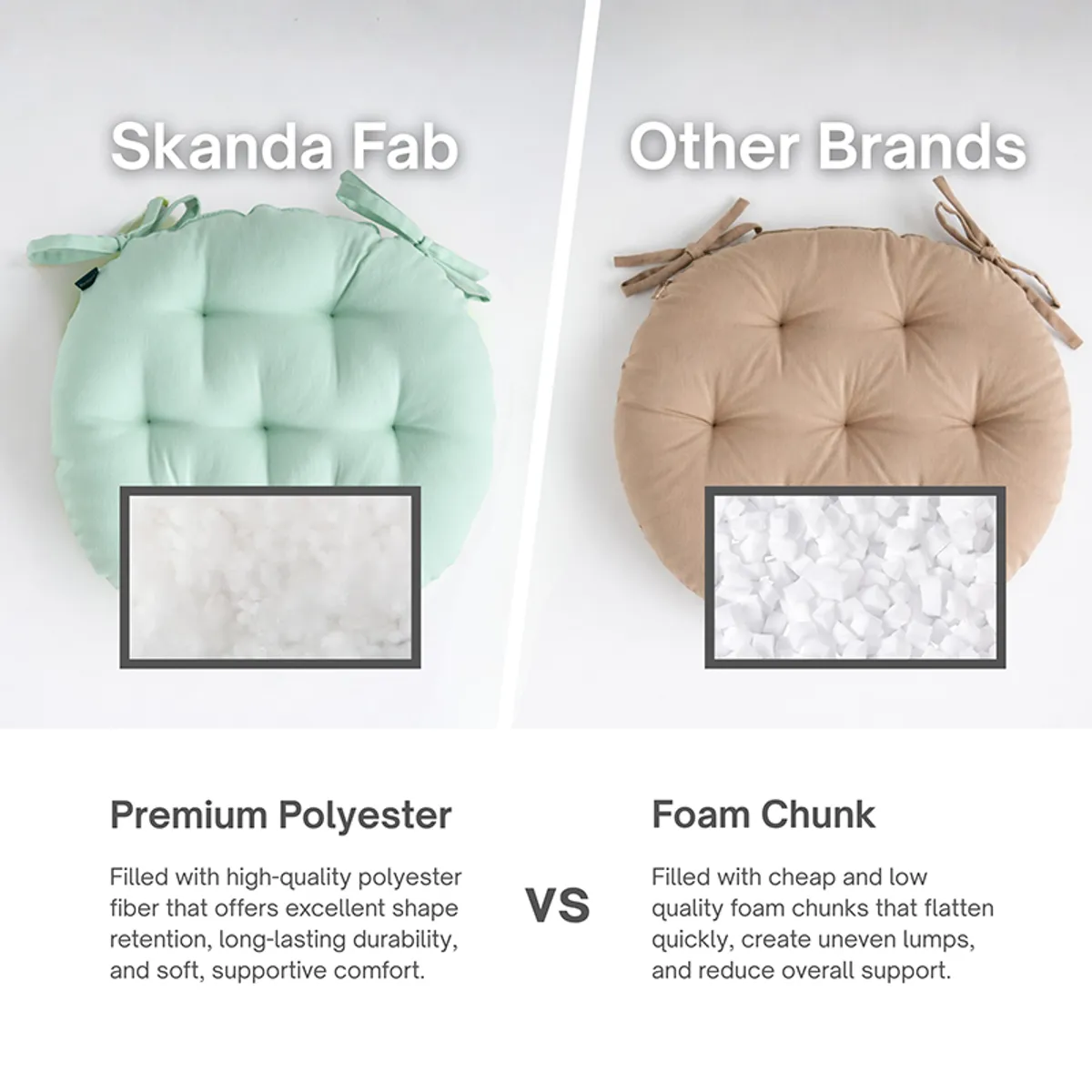 Two round tufted chair pads shown side by side in a comparison layout