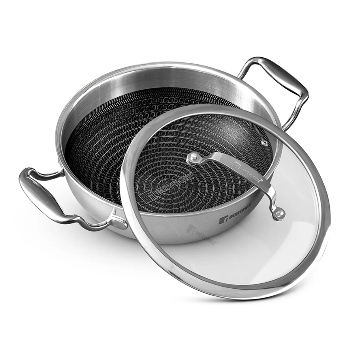 Silver round kadhai with patterned non-stick interior and glass lid shown beside it