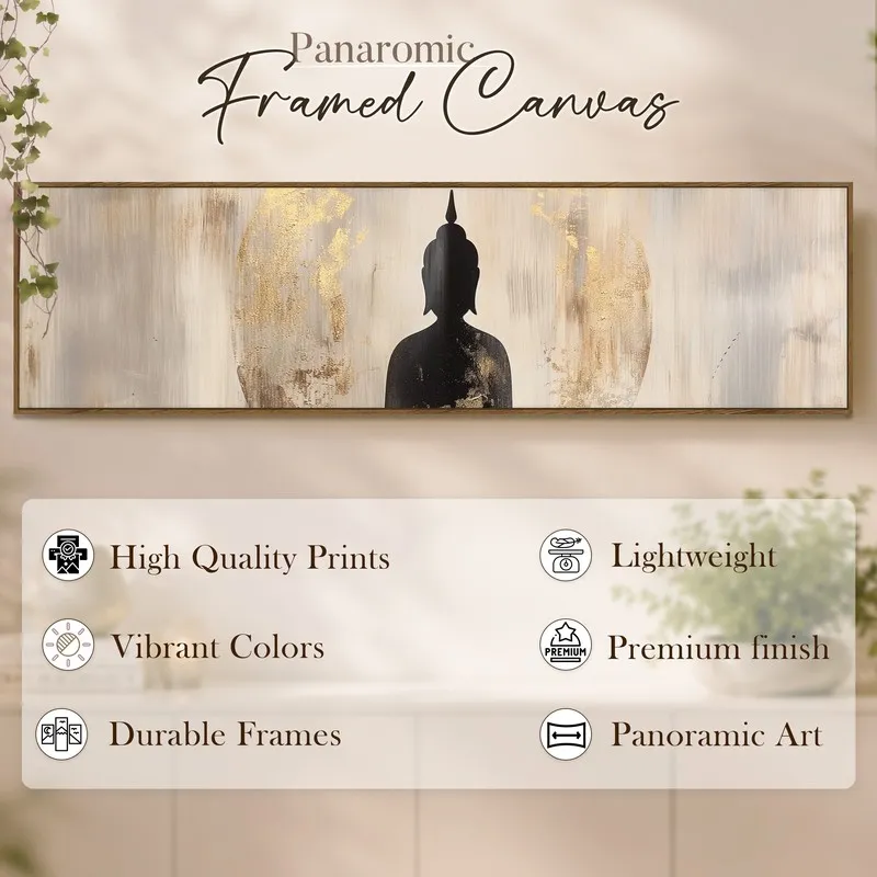 Framed panoramic Buddha canvas with abstract gold accents