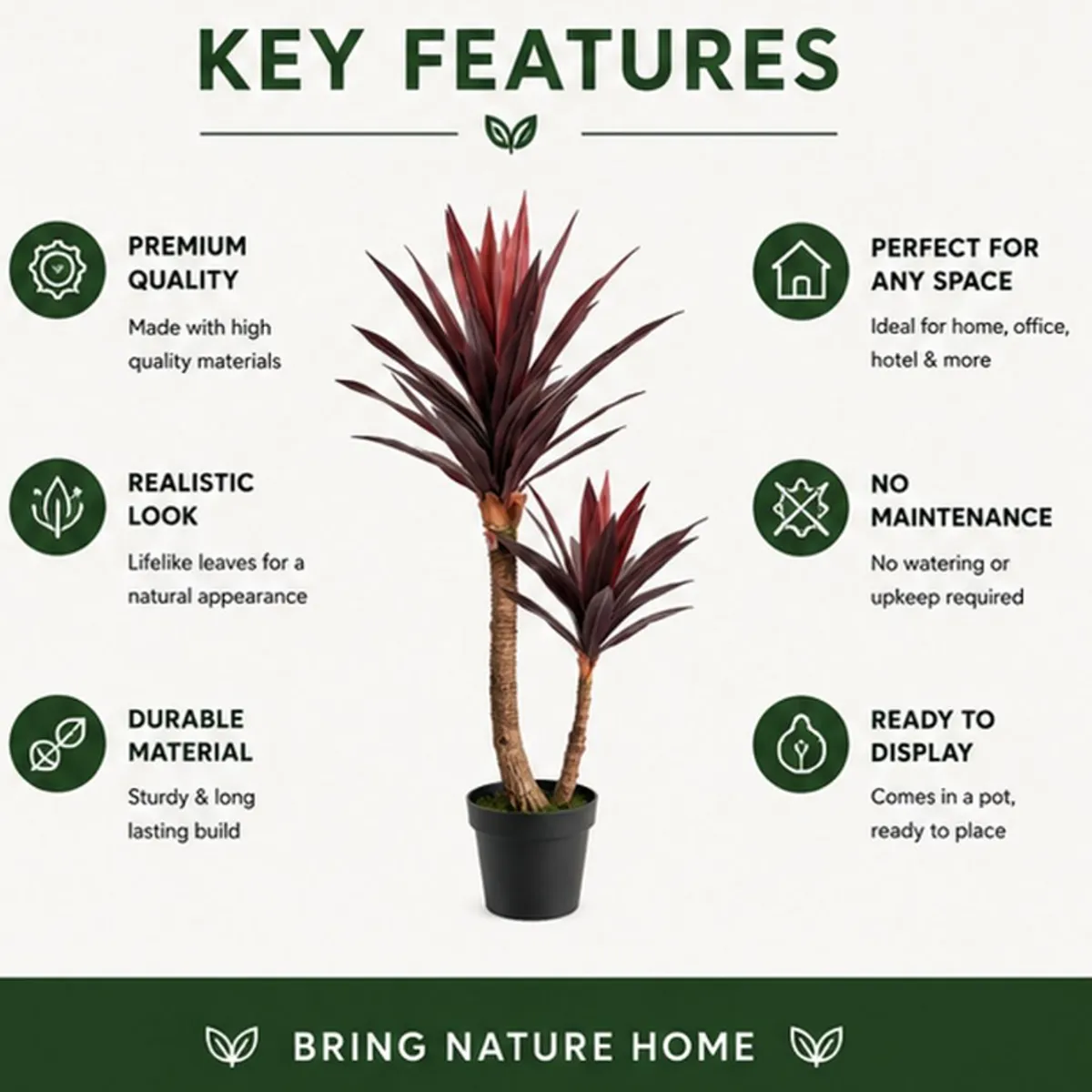 Artificial burgundy Dracaena plant in a black pot shown with key feature callouts