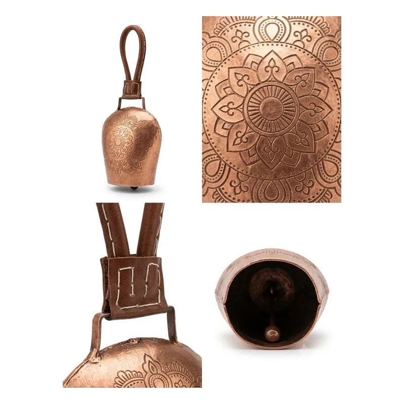 Collage showing mandala engraving, leather loop detail, and underside of the hanging bell