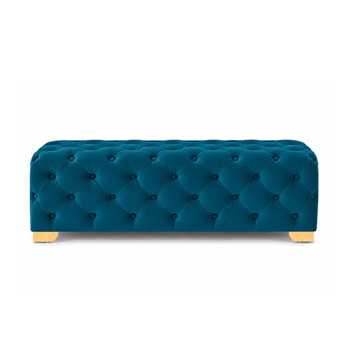 Front view of a rectangular teal velvet button-tufted bench on gold-finished legs