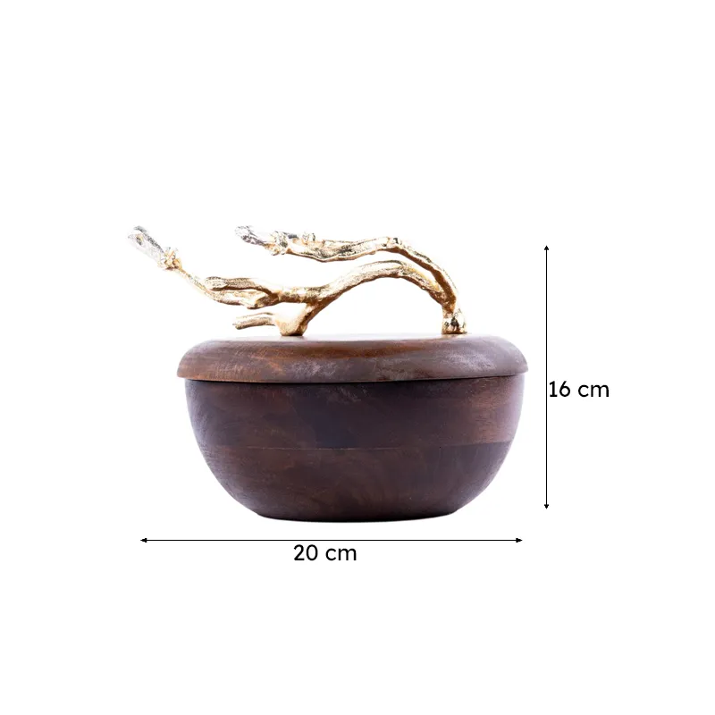 Brown accent bowl shown with arrows indicating its width and height