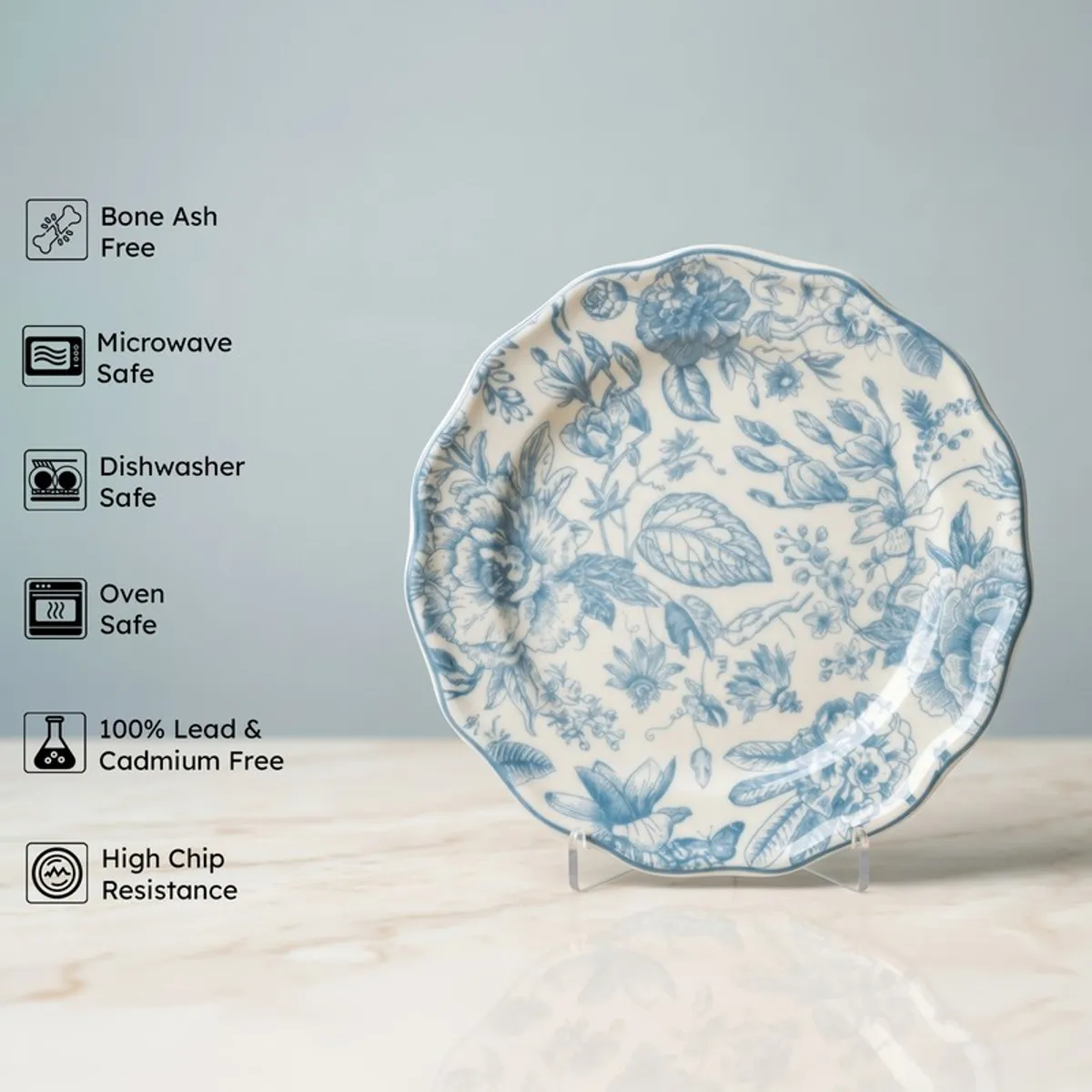 Blue and white floral quarter plate shown front on a stand