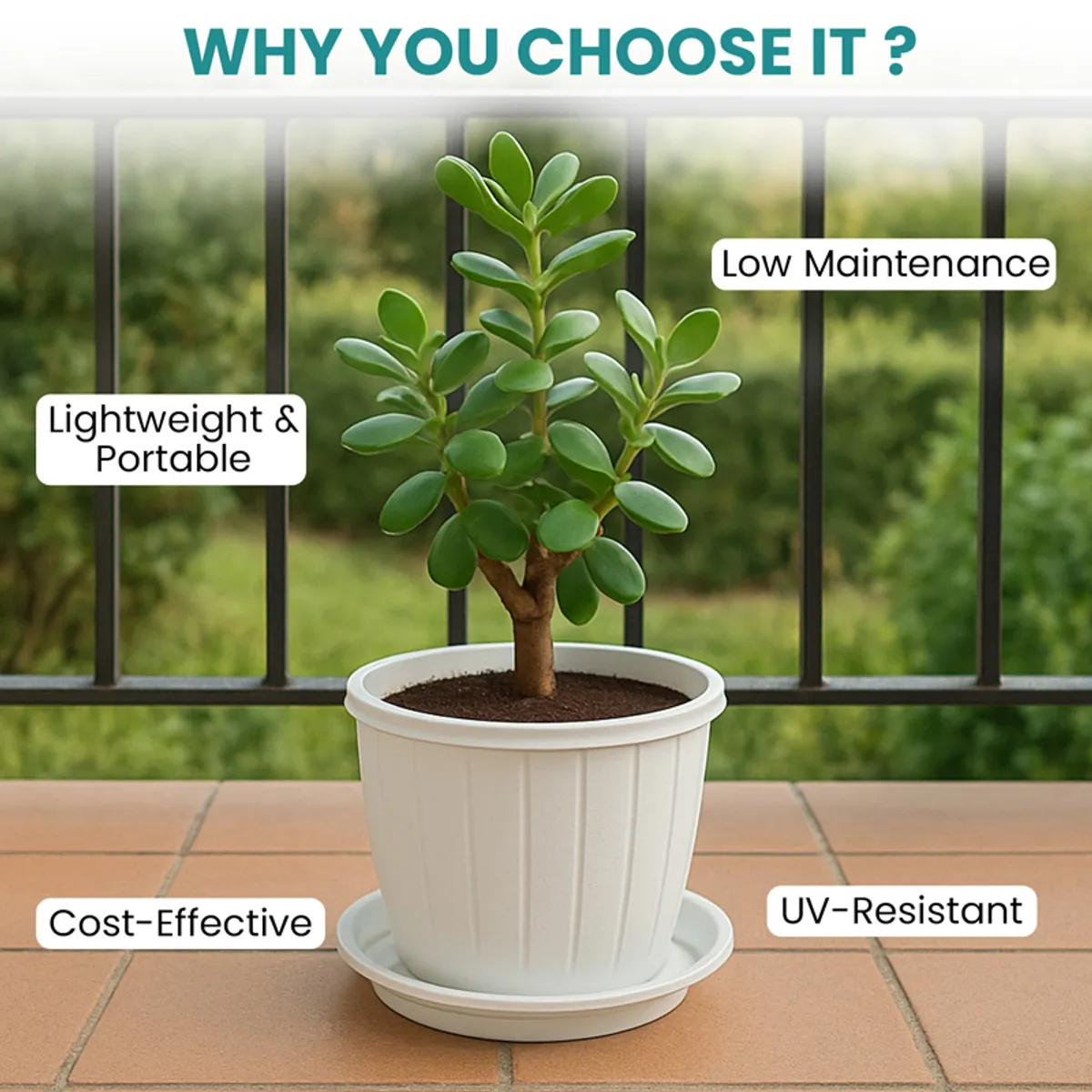 White planter with a green plant and tray on a balcony