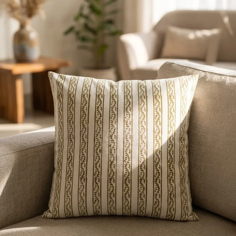 White and brown striped cushion cover styled on a beige sofa in warm light