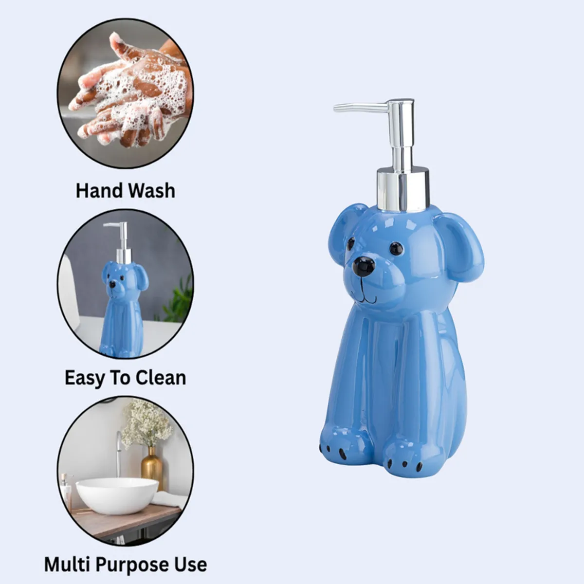 Blue dog-shaped dispenser with hand wash and easy-to-clean lifestyle graphics