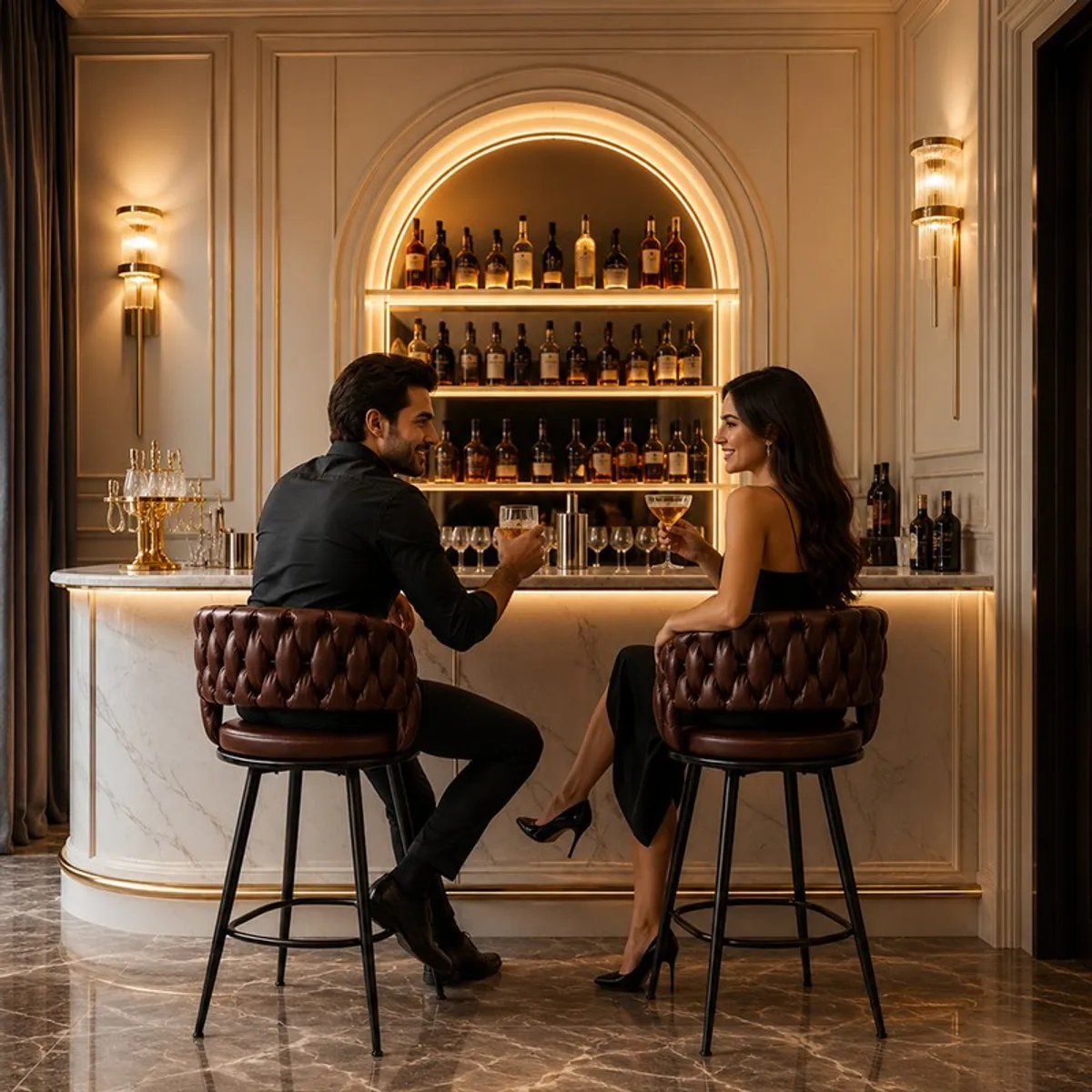 Two brown bar stools arranged at an elegant home bar.
