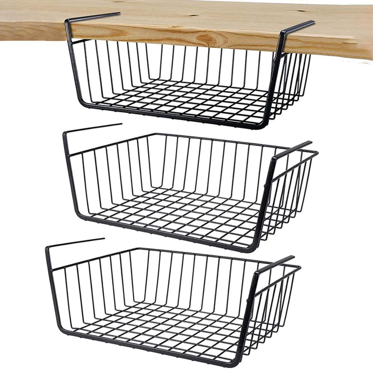 Set of three black rectangular under-shelf metal racks against a plain background