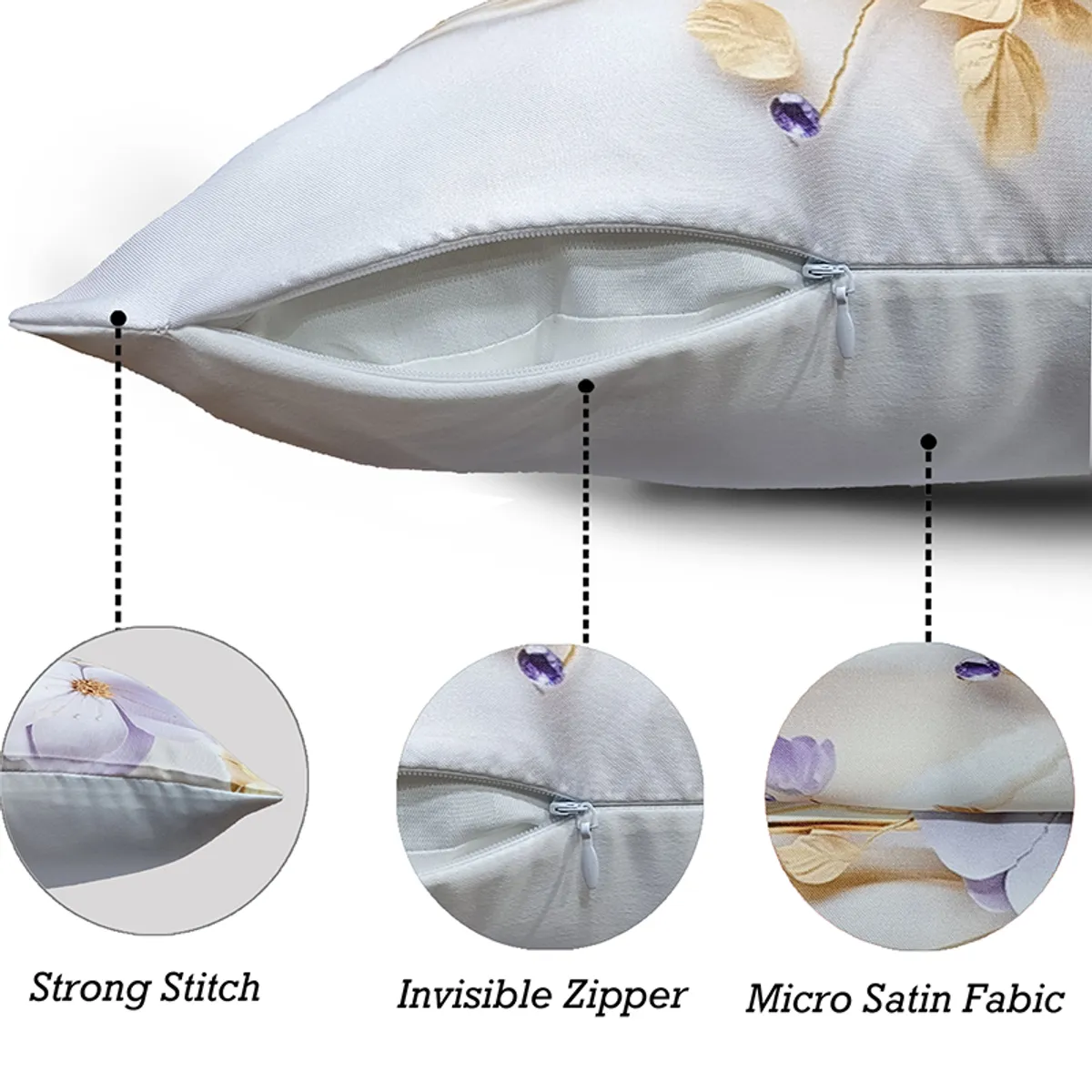 Close-up of a cushion cover showing its zip closure and floral fabric.