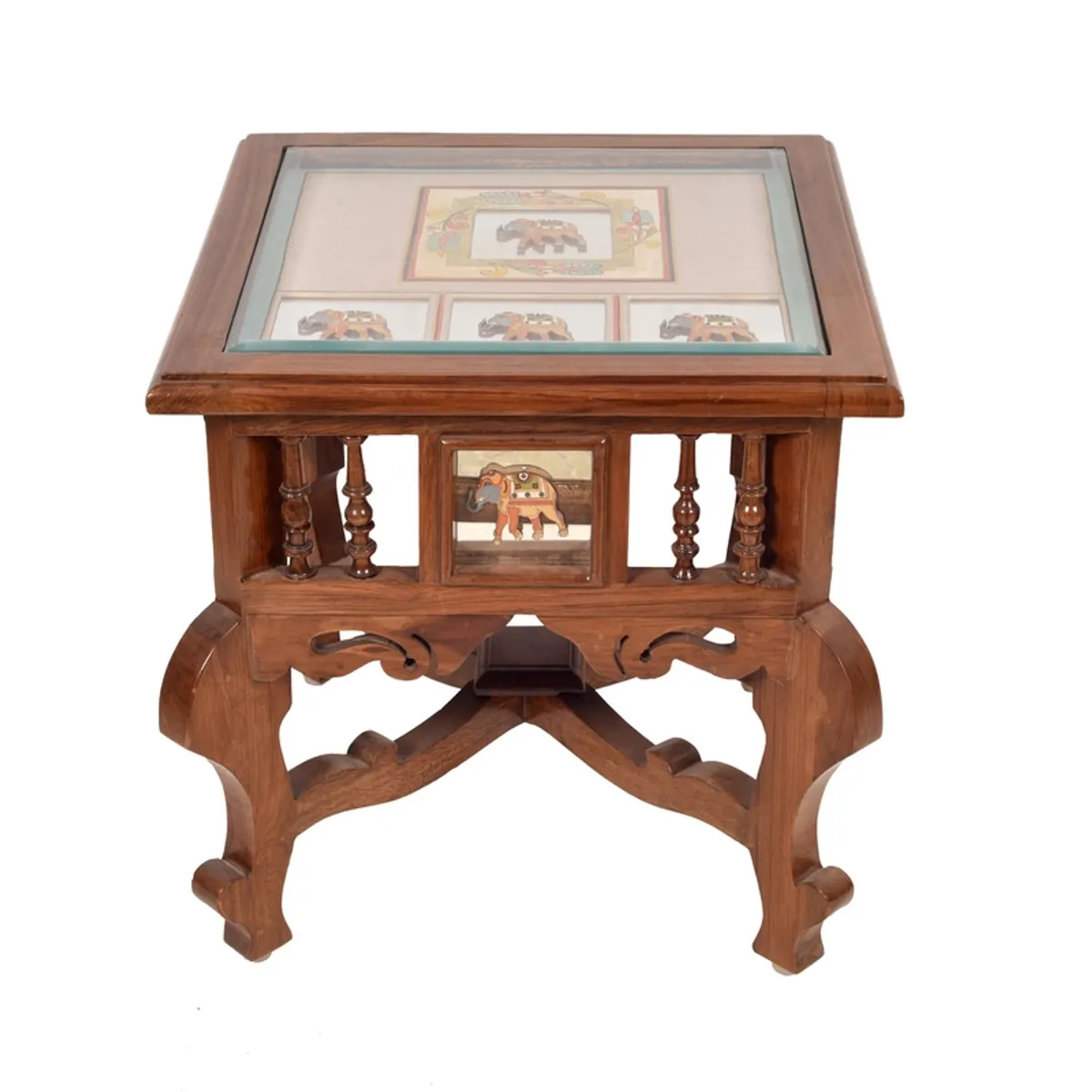 Front view of the brown teak wood side table on a white background