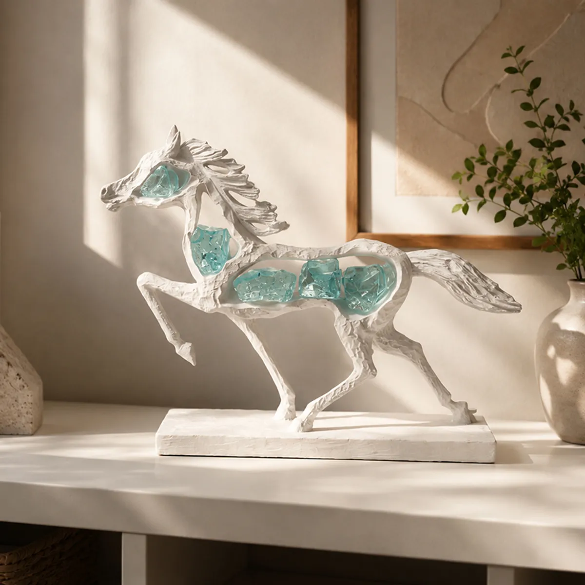 White running horse tabletop showpiece with aqua crystal details