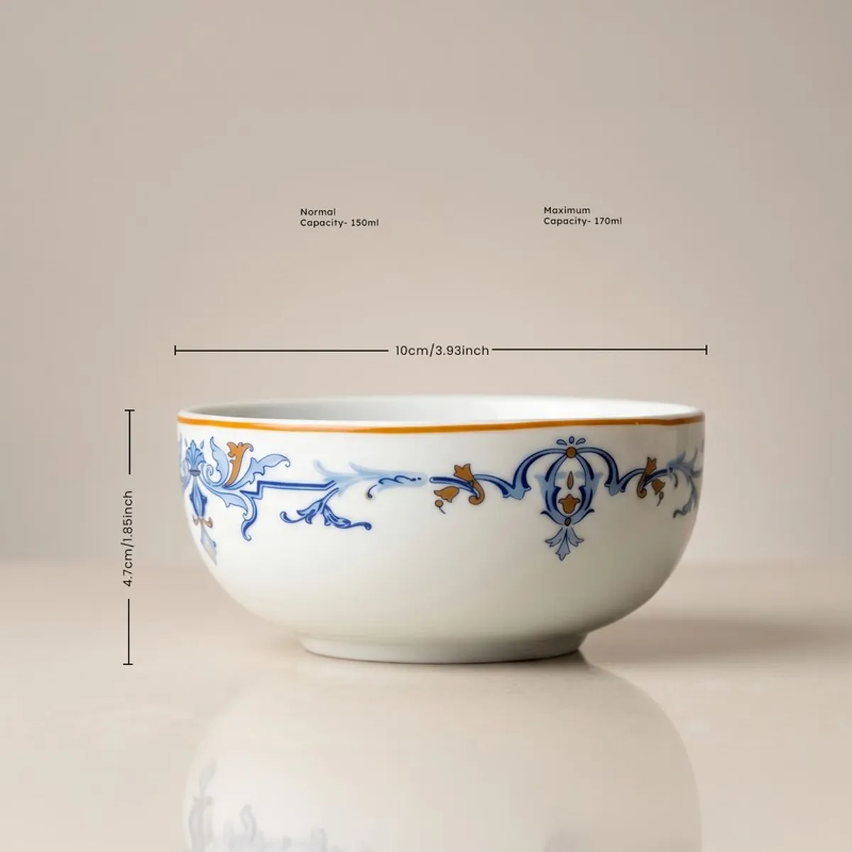 Blue and white porcelain bowl with decorative border shown from the side