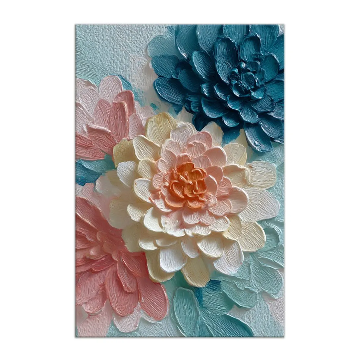 Close view of a rectangular floral canvas painting with layered pastel blooms