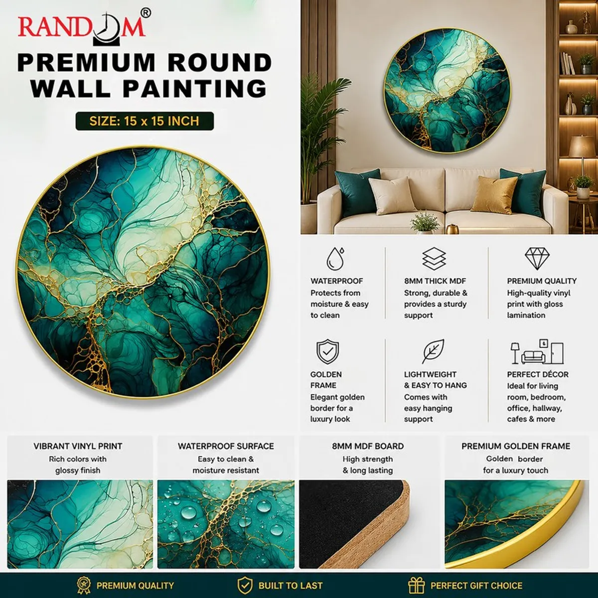Promotional collage showing the round abstract wall art in a living room setting