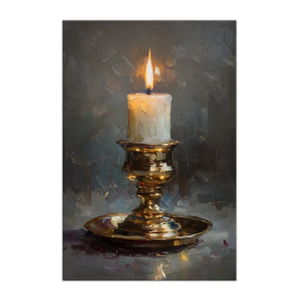 Rectangular canvas wall painting featuring a lit candle and metallic candlestick