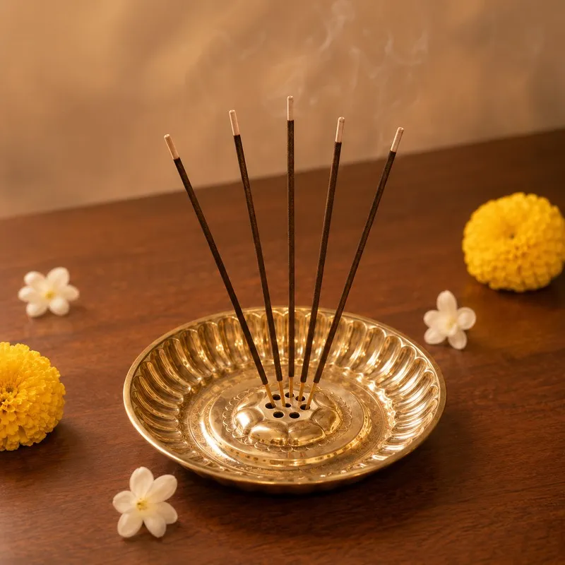 Round gold-toned brass incense holder displayed on a wooden surface