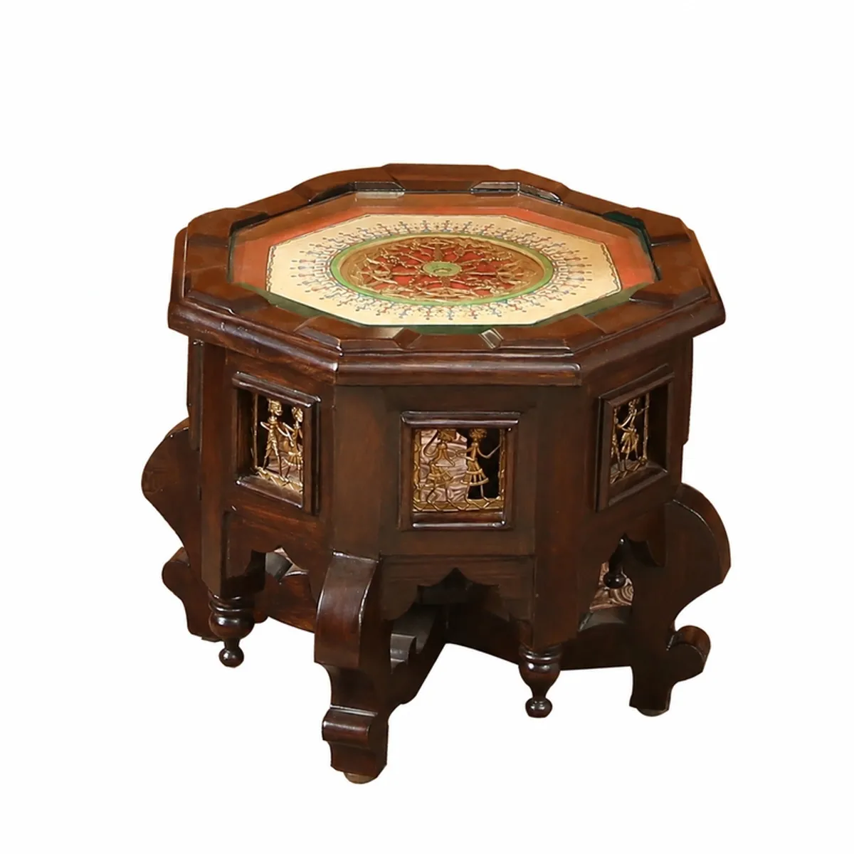 Isolated view of the brown side table with ornate top and carved base