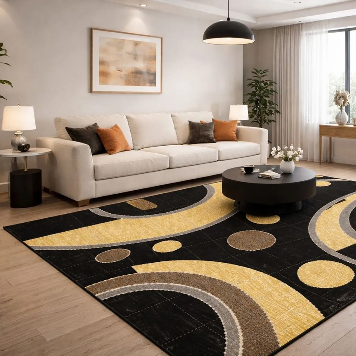 Large black and beige abstract carpet styled in a living room