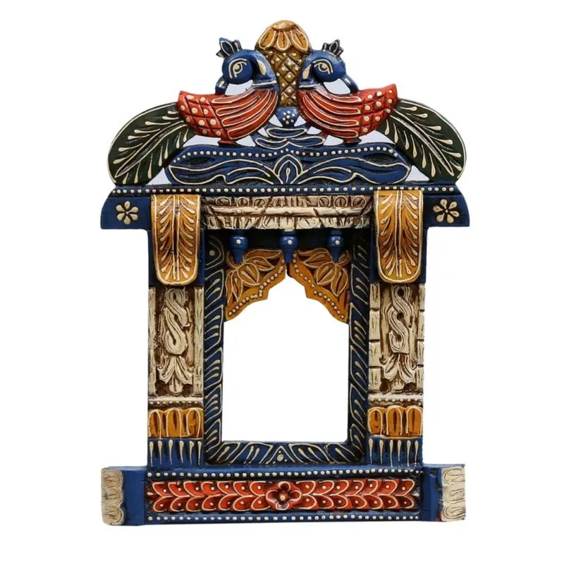 Front view of hand-painted blue wooden wall accent with ornate carved details