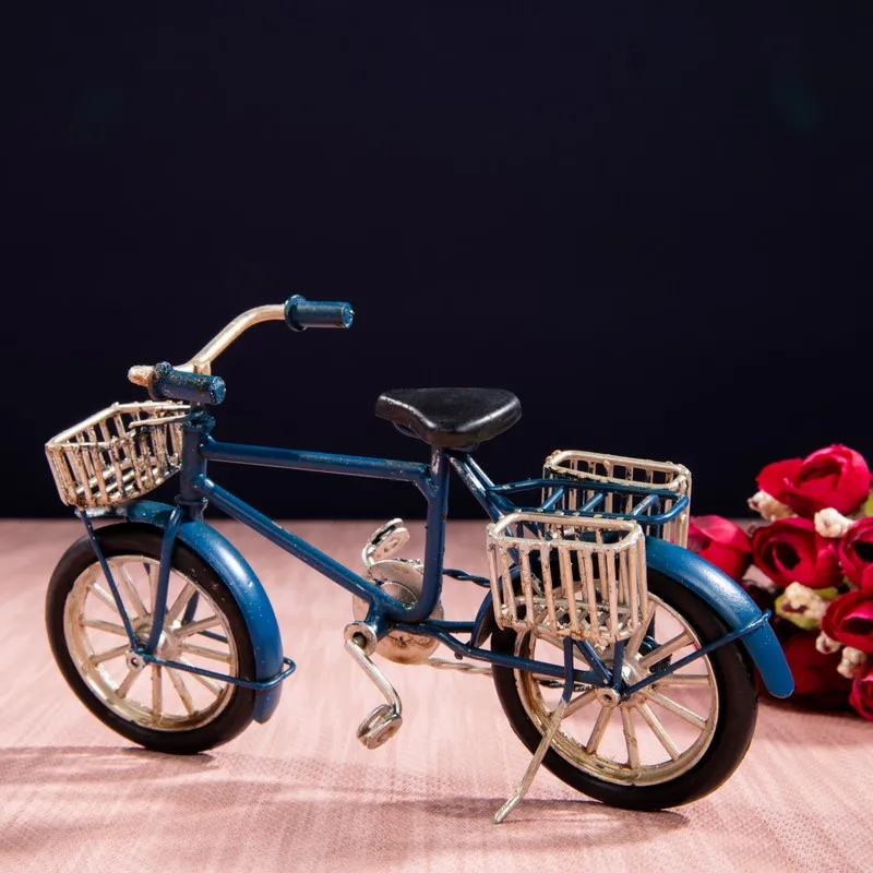 Vintage-style dark blue bicycle showpiece with silver baskets
