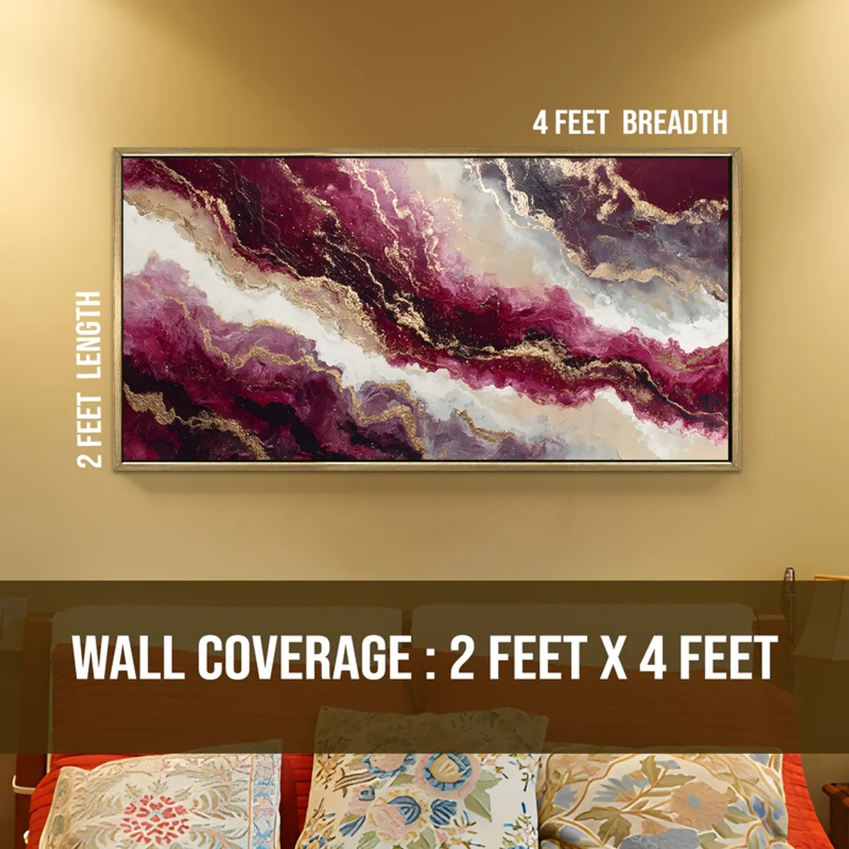 Large rectangular abstract painting in purple, white and gold on a wall