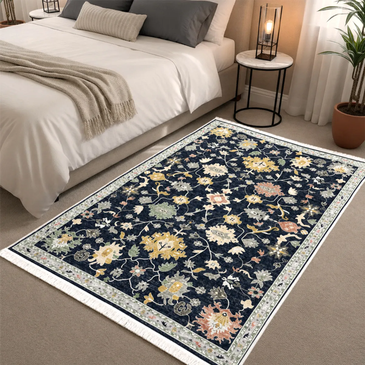 Navy floral carpet placed beside a bed in a bright bedroom