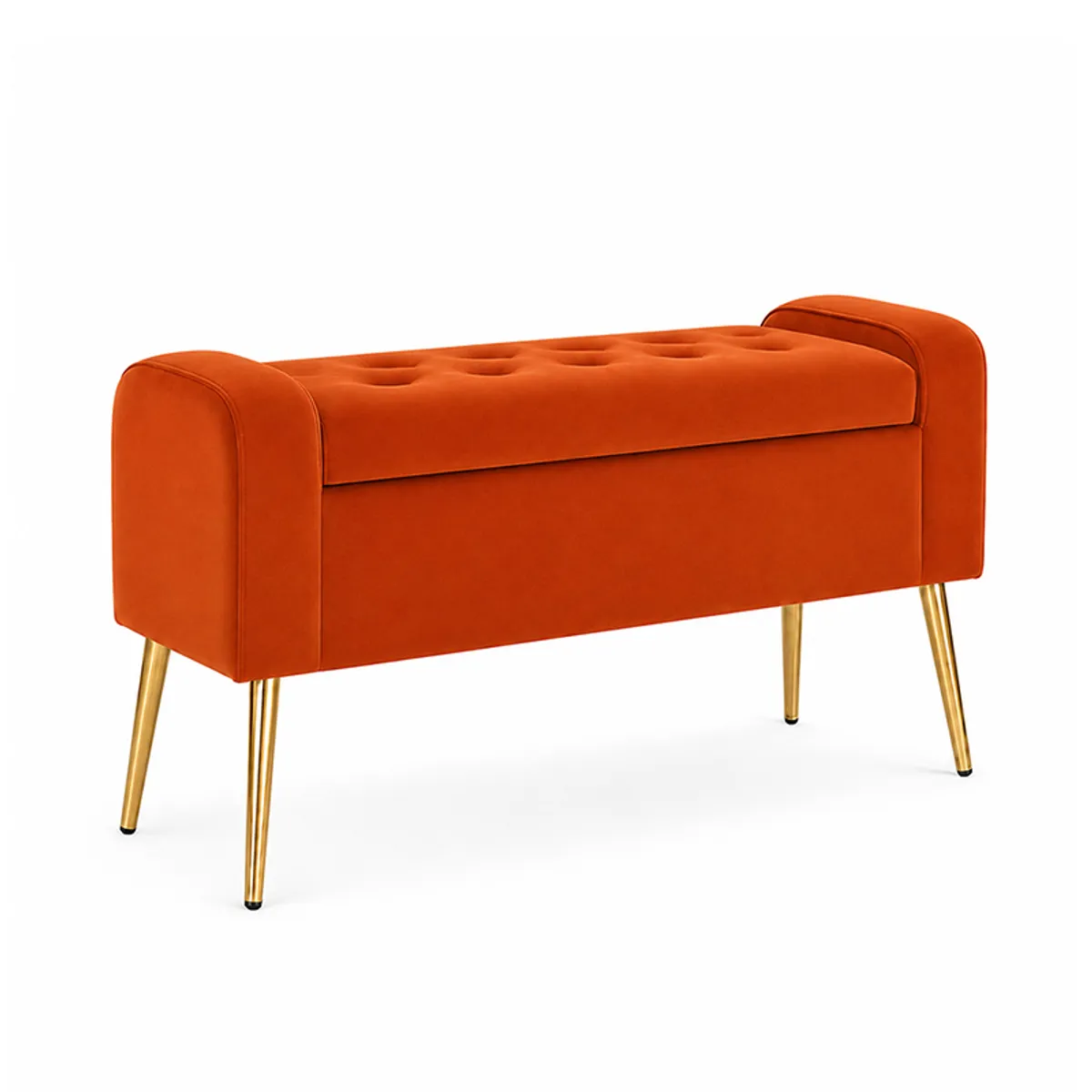 Angled view of an orange velvet bench with rounded arms and gold legs