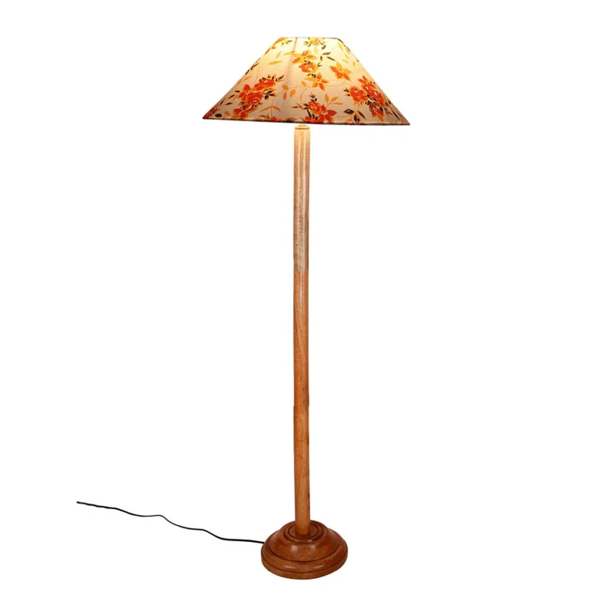 Floor lamp with floral shade and wooden stand isolated on a white background.