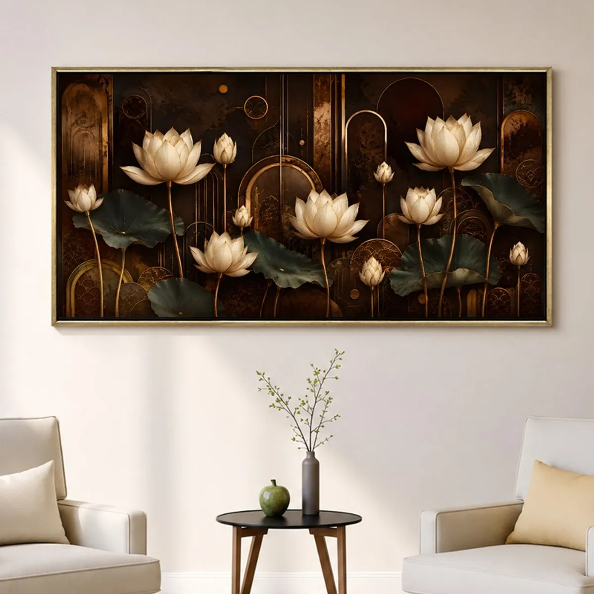 Wide lotus canvas painting with dark background and gold frame on a light wall