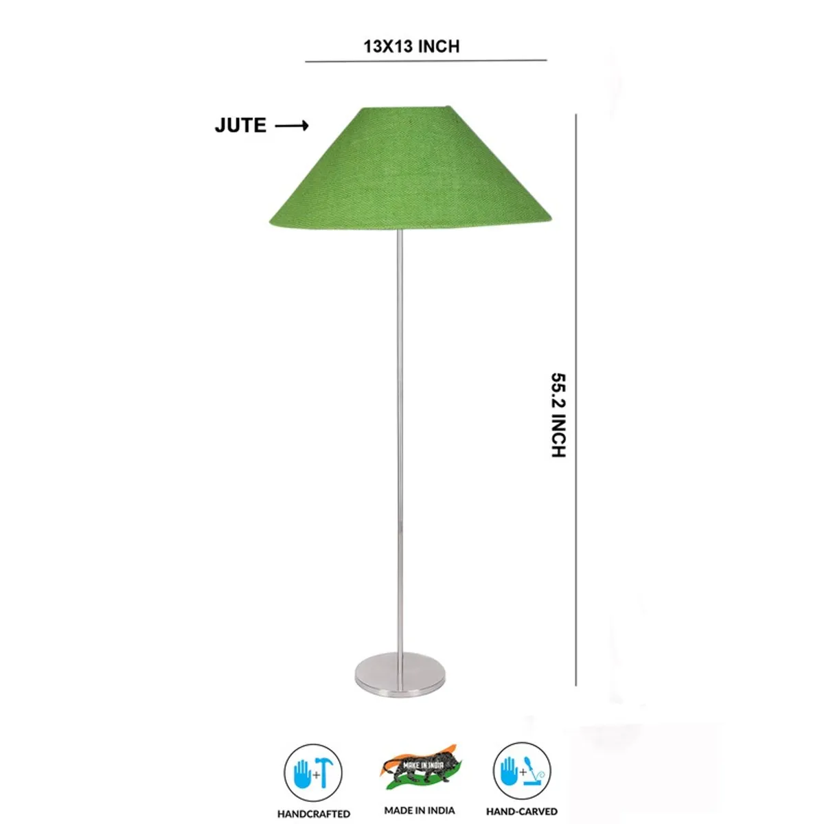 Green floor lamp product image with measurement graphic on white background