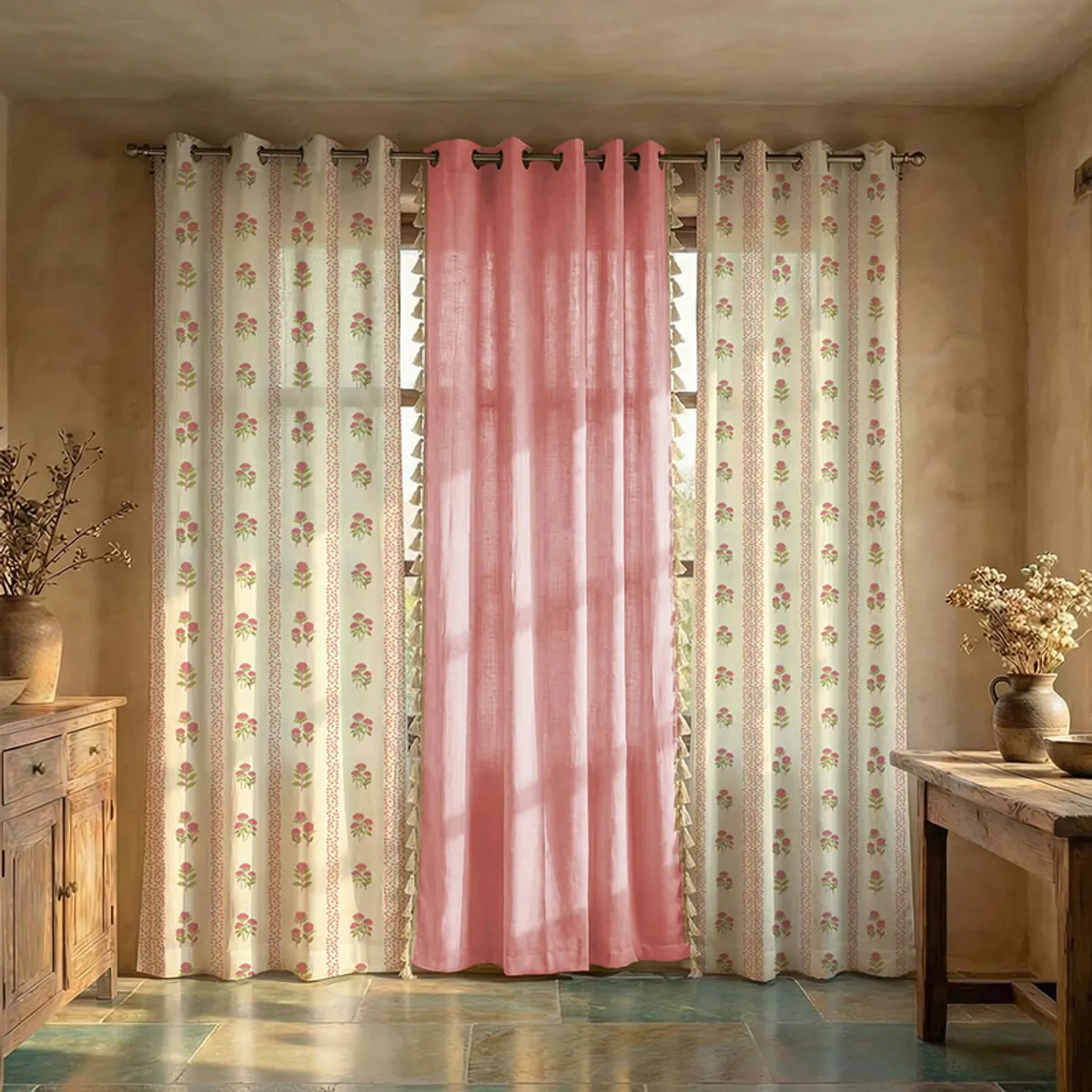 Three-panel pink and white floral curtains covering a large window in a warm room