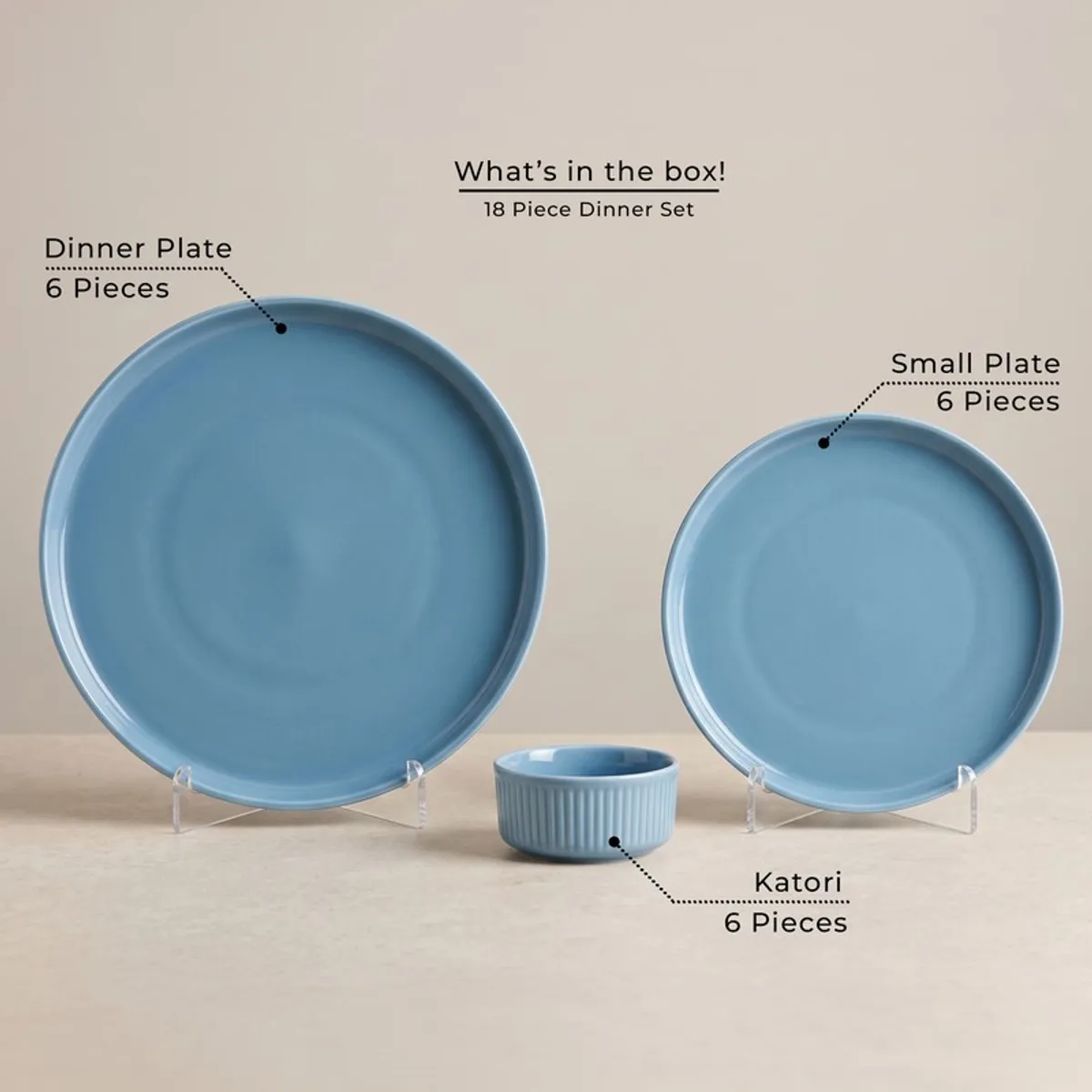 Blue dinner plate, side plate and bowl from the dinner set