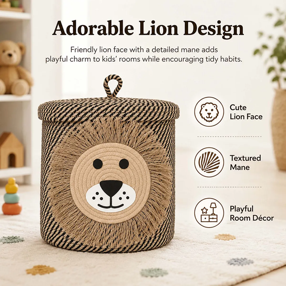 Lidded lion-face storage basket in brown and black striped weave