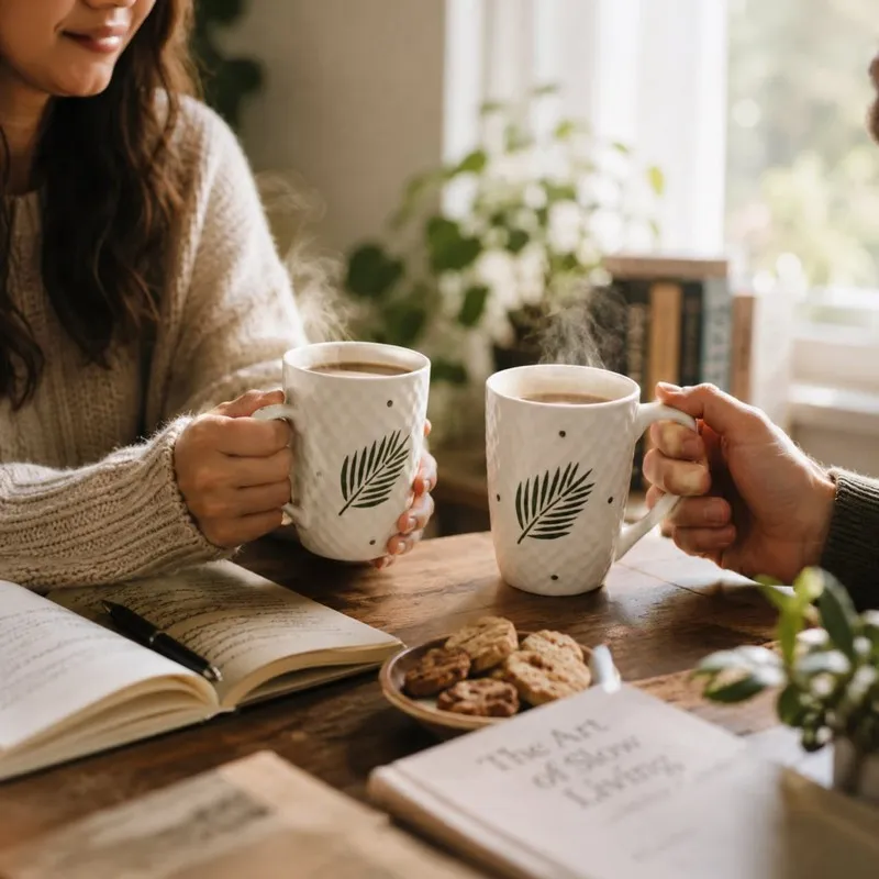 Two people holding white mugs with green leaf prints at a table